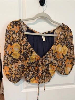 Spell Black Floral Cinch-Front Puff Sleeve Crop Top